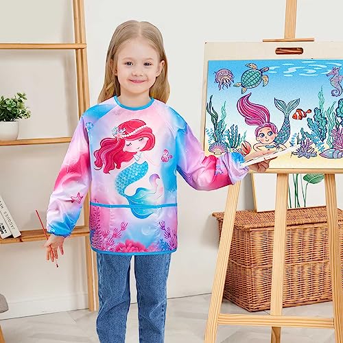 Wernnsai Kids' Mermaid Painting Apron - Waterproof Long Sleeve Artist Smock for Girls Age 4-7 with 3 Pockets - Image 4