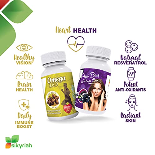 Sikyriah Acai Berry Supplement & Purple Corn + Natural Omega - Cardio Pack - From Peru - 2 Bottles (200 Capsules) #TOP4
