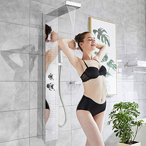 Columna de ducha de acero inoxidable, panel de ducha de 4 funciones de acero inoxidable con ducha, cascadas, ducha de lluvia y duchas de masaje, 15 x 47 x 130 cm, plata espejo