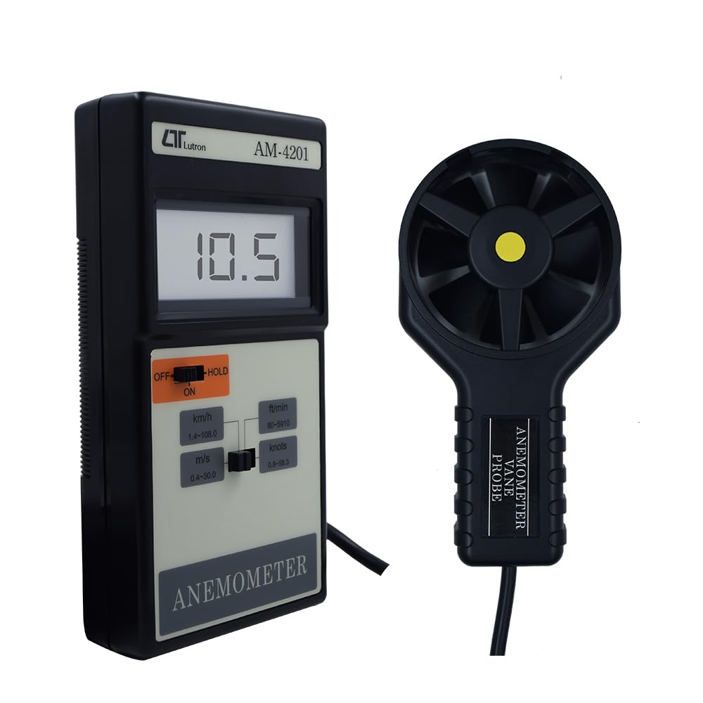 Anemómetro digital multifunción (rango: 0,4–30,0 m/s) para aire acondicionado. Mide la velocidad del aire y del viento. Modelo: Lutron AM-4201.