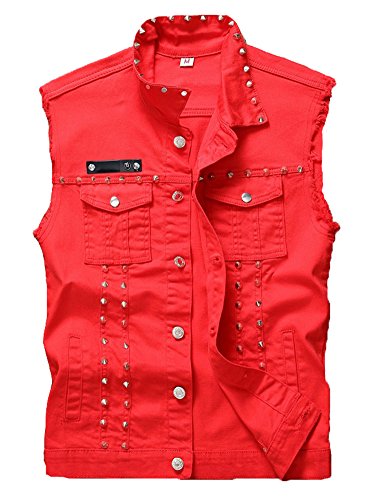 LifeHe Men's Sleeveless Lapel Denim Jean Vests Jacket With Rivets (Red, S)