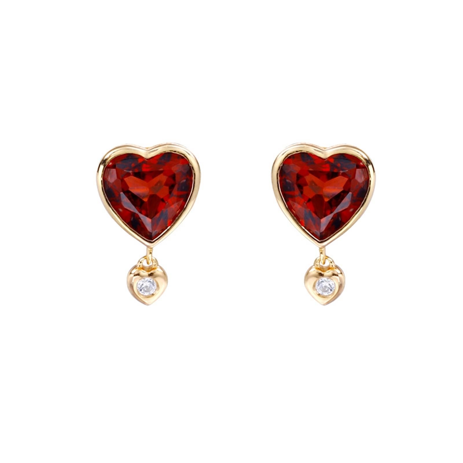 Orecchini in vero oro 14 carati 585, con cuore rosso rubino, a forma di cuore, in oro giallo 14 carati, moissanite
