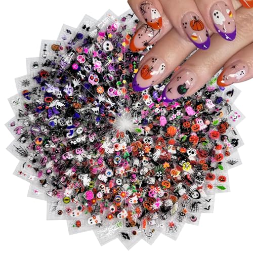 30 Sheets Halloween Nail Sticker 3D Self-Adhesive Nail Decals for Nail Art with Cute Ghost Pumpkin Design Spider Web Scary Eyes Nails Supplies for Women Manicure Decorations