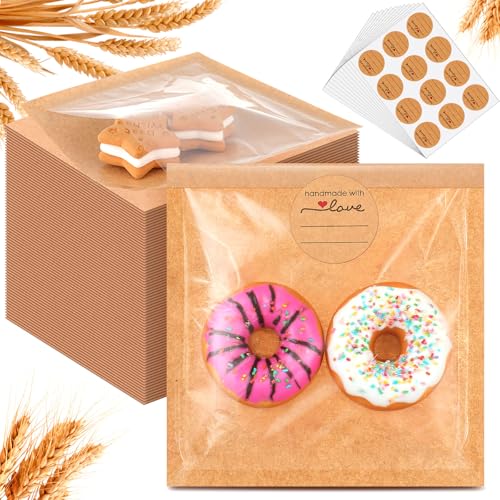 Outus 100 Pcs Cookie Packaging Bags with Seal, 4 x 4 Inch, Brown