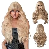 MLPKOI Peluca Rubia Larga de 28 Pulgadas Rizada con Flequillo, Longitud Rubio Peluca Ondas Larga de Fibra Resistente Calor para Disfraces, Fiestas de Cosplay, Uso Diario