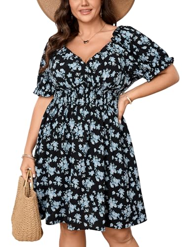 Image of SCOMCHIC Womens Plus Size Summer Dresses Casual Sun Dress Sweetheart V Neck Puff Short Sleeve Smocked A Line Mini Dress