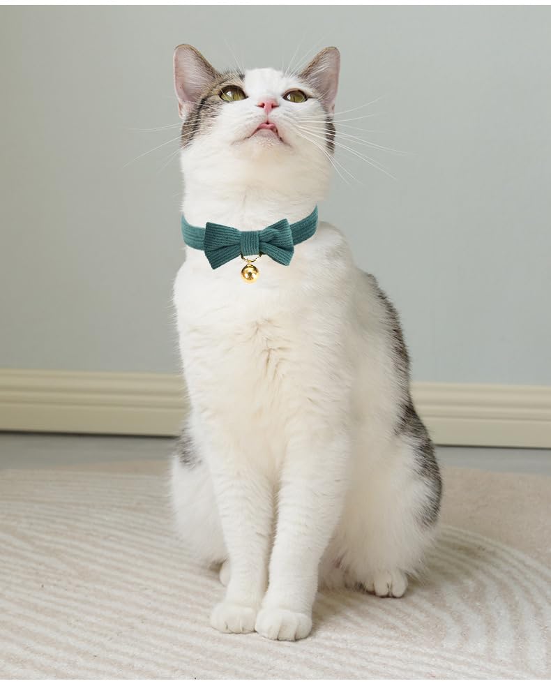 Petiry Soft Corduroy Cat Collars - Breakaway Kitten Collars with Removable Bow Ties & Gold Bells,Pack of 2,Green Orange - Image 4