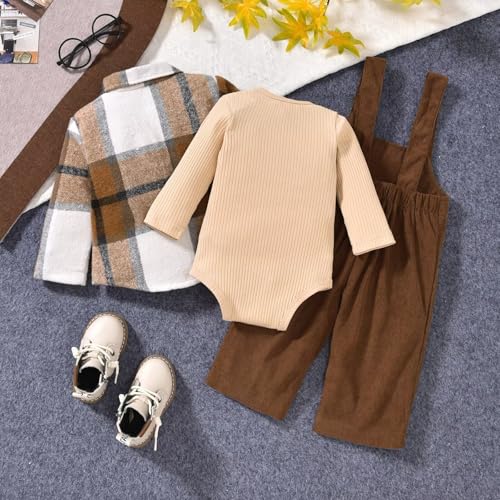 Unutiylo Toddler Baby Boy Clothes Set Infant Boy Overalls Outfit Fall Winter Long Sleeve Romper+Suspender Pants+Plaid Jacket4