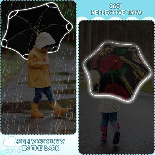 Paraguas infantil reflectante con diseño retro de calaveras y rosas para días de lluvia y sol 6