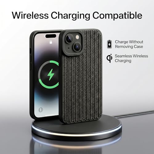 Image of amazon basics Luxury 3D Knitted Texture Soft Silicone Back Cover for iPhone 14 | Slim Fit Shockproof Case with Camera Protection & Non-Slip Grip - Black