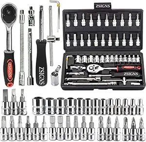 ZSIGNS 46Pcs 1/4 Inch Drive Box End Socket Set,Metric Ratchet Wrench Set With 4-14Mm Cr-V Sockets,S2 Bits,Extension Bars,Mechanic Tool Kits For Household Auto Repair (Black), Chrome Vanadium Steel