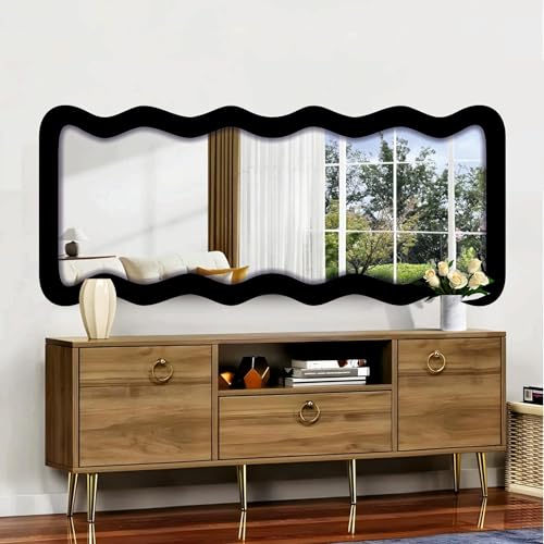 Image of Creative Arts n Frames 22 x 52 inch Full Length Dressing Chevel Long MDF Wood Zigzag Curvy Irregular Shape Framed HD Mirror Home Decor Items (Classic Black Zigzag2 Full Length Mirror)