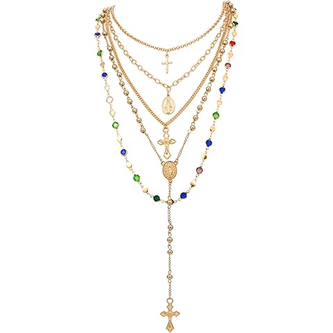 Gold Layered Cross Pendant Necklace Set for Women,Dainty Crystal Diamond Cross Pearl Long Chain Necklace Streetwear Jewelry Christmas Gifts