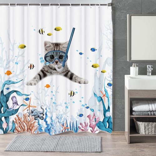 Image of Funny Cat Shower Curtain,Cute Cat Teal Blue Sea OceanShower Curtain Set,Underwater Animal Fabric Shower Curtains for Bathroom with Hooks 72X84inches