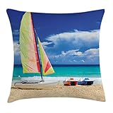 Ambesonne Holiday Throw Pillow Cushion Cover, Exotic Cuban Beach with Wind Surfing Boat and Waves Tropical Summer Coastal Picture, Decorative Square Accent Pillow Case, 20' X 20', Blue Cream