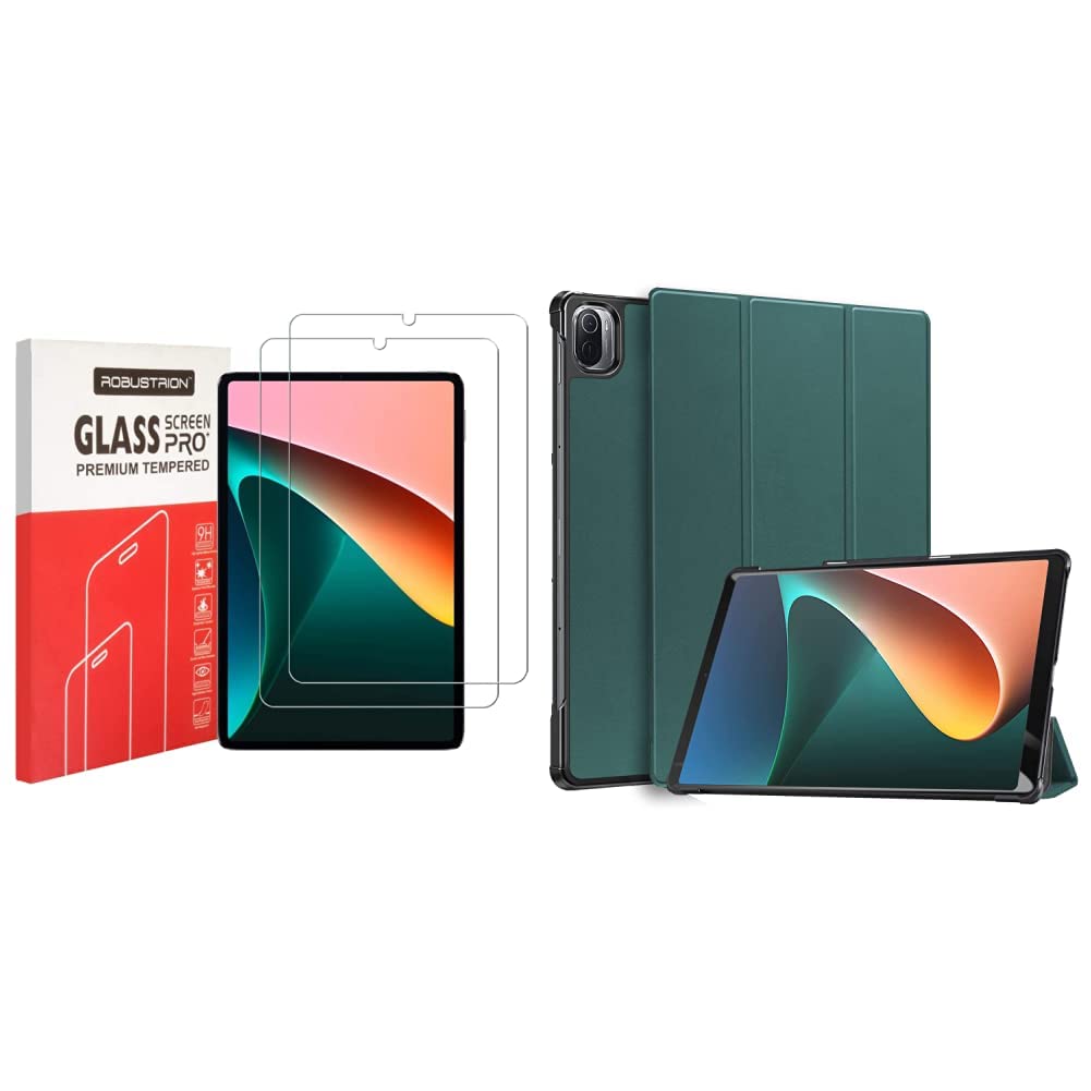 Robustrion Pack of 2 Anti-Scratch & Smudge Proof Tempered Glass Screen Protector & Smart Trifold Hard Back Flip Stand Case Cover for Xiaomi Mi Pad 5 Cover 11 inch - Dark Green