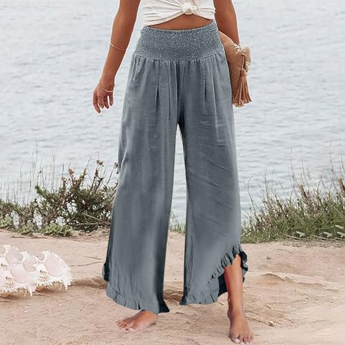 Wide Leg Linen Pants for Women Smocked Elastic Waist Ruffle Hem Palazzo Pants Summer Casual Loose Beach Pants4
