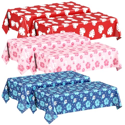 Image of Oudain 6 Sheets Hawaii Hibiscus and Tropical Leaves Tablecloth Birthday Party Decorations Blue Alien Cartoon Table Covers for Birthday Party Supplies