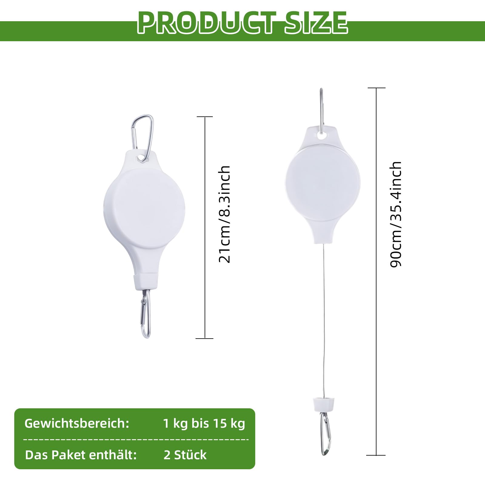 Lot de 2 crochets de suspension pour plantes rétractables, réglables - Pour pots suspendus et paniers à plantes - Support solide pour mangeoires à oiseaux, charge maximale de 1 à 15 kg (blanc)
