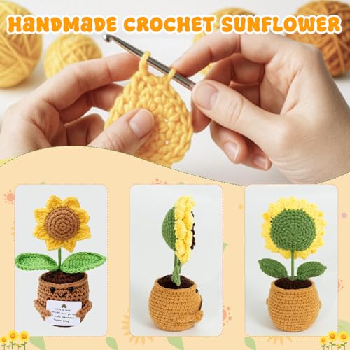 Image of BendJoy Positive Crochet Sunflower | Handmade Emotional Support Crochet Flower Pot | Crochet Gifts for Home, Office Desk & Car Dashboard Decor