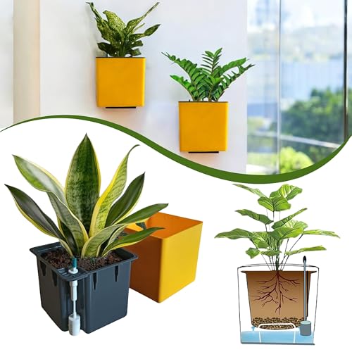 Image of Indian Discovery Self Watering Wall Hanging Planter|Hanging /Hooked Flower Pots for Home, Balcony, Vertical Garden Decor Flower Pots(1 PC, Yellow Square) |6 Inch UV-Resistant Plastic Plant Pots
