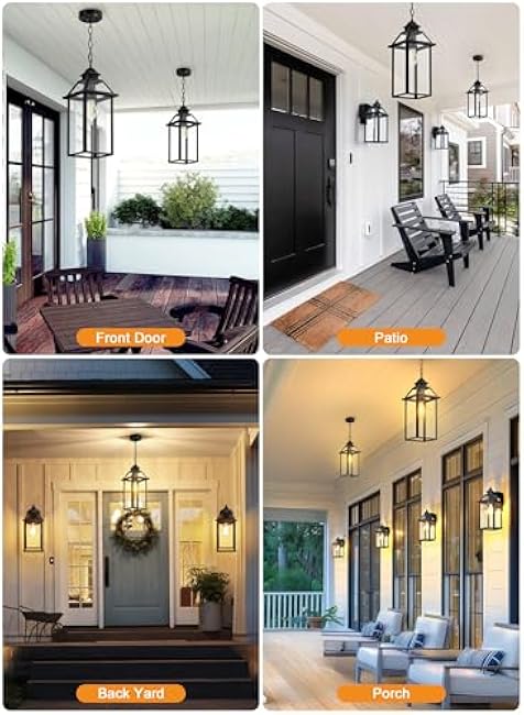 15 Outdoor Pendant Light, Dusk to Dawn Large Outside Chandelier Lantern, Modern Black Aluminum Exterior Hanging Light Fixture Ceiling Mount for Front Porch Indoor Entryway (Bulb Not Included)