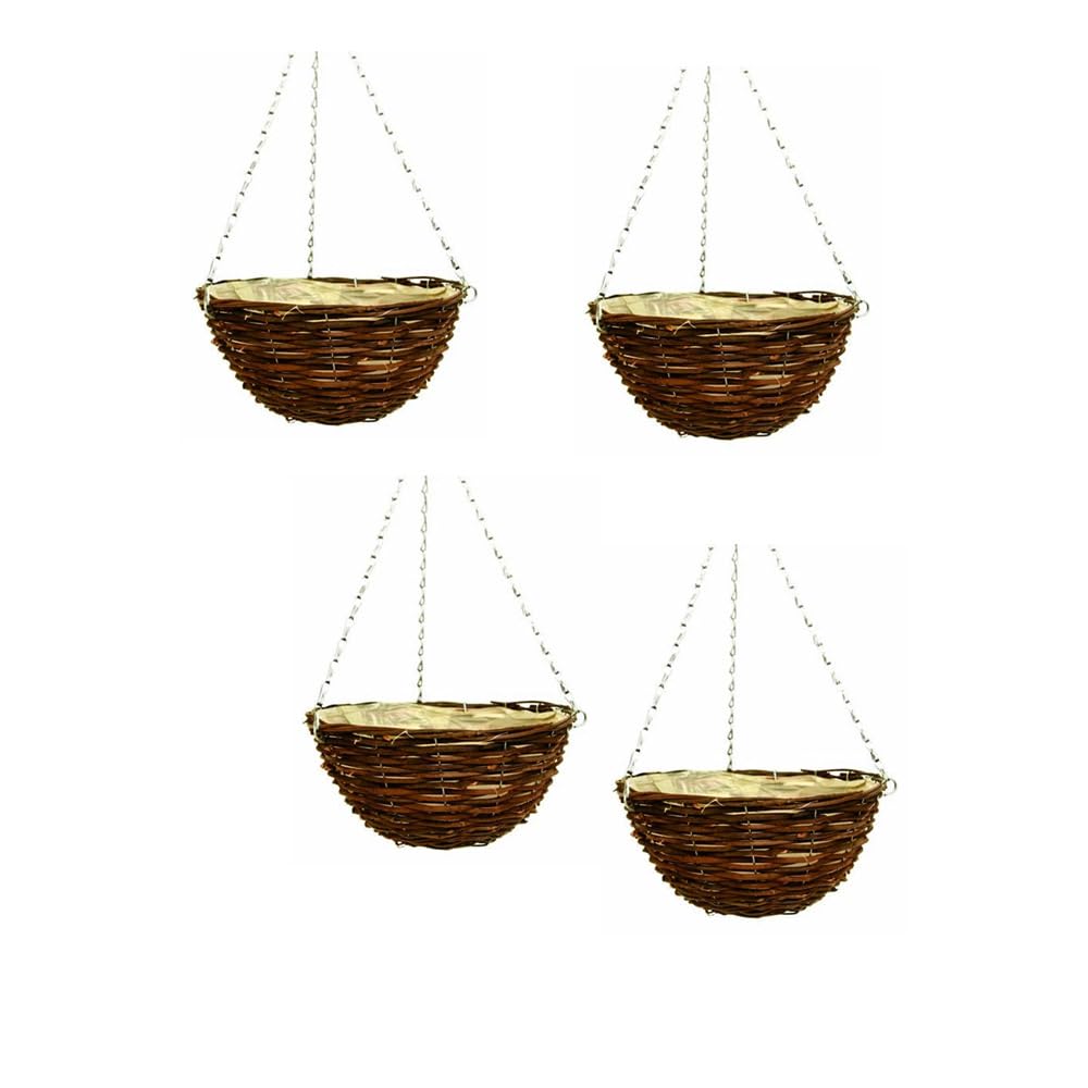 Shopior Pack 4 Wicker Basket Planter – Natural Rattan & Willow Flower Pot With Polythene Liner & Metal Hanging Chain – Decorative Indoor & Outdoor Garden Planter For Flowers (Hanging Basket 36Cm, 14Inch X 4Pack)