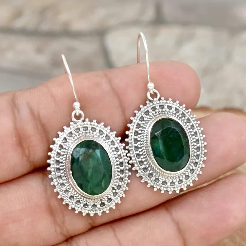 Emerald earrings, 925 sterling silver, drop-dangle earrings, bohemian jewelry, handmade silver earrings, trending earrings, wedding earrings, mermaids gifts, mother for the bride gift