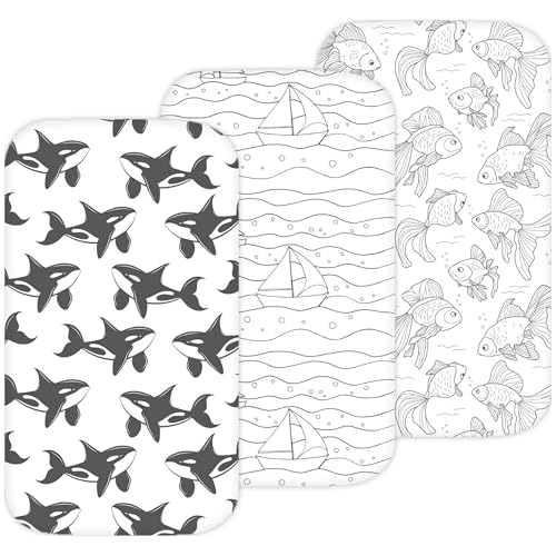 Image of Bassinet Sheets for Baby Delight Beside Me Dreamer, Ronbei, HARPPA, Jimglo, Whiffee by TansyPanda, MUHDUH, 3PC, 33x20 in, Ultra Soft, Breathable Snug Fit, Unisex Boys Girls, Gray White (Ocean Fish)