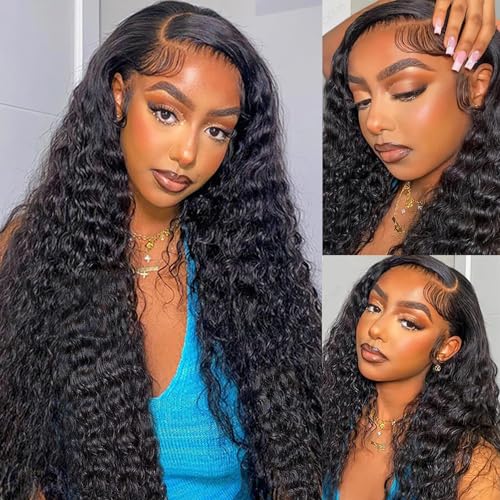 Sathen 13x6 Deep Wave Full Lace Front Wigs Human Hair for Black Women 200 Density Deep Wave Lace Front Wigs Human Hair Natural Hairline Natural Color 30 Inch