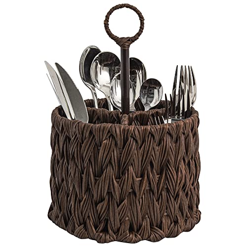 GRANNY SAYS Kitchen Utensils Holder, Pack of 1 Cutlery Organiser for Countertop, Wicker Cutlery Caddy with Handle, Utensil Holders & Organisers, Silverware Spoon Holder with 3 Compartments, Brown