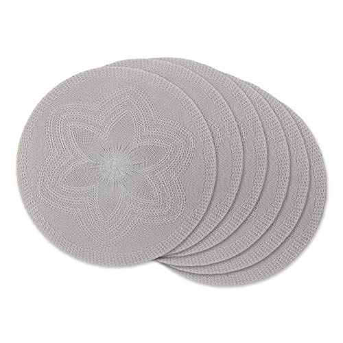 DII Round Woven Placemats Collection Braided Floral, 15", Light Gray 6 Piece