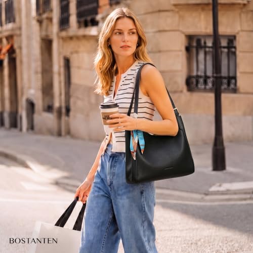Image of BOSTANTEN Shoulder Bag for Women, 3-Compartment Leather Purses and Handbags | Pebbled Leather, Adjustable Strap, Scarf Included, Roomy, Office to Weekend