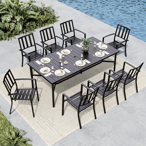 MFSTUDIO Outdoor Dining Set for 8, Patio Table and Chairs Set with Umbrella Hole, 9 Piece Metal Patio Dining Sets, Outdoor Patio Furniture Set for Deck Backyard Poolside Garden