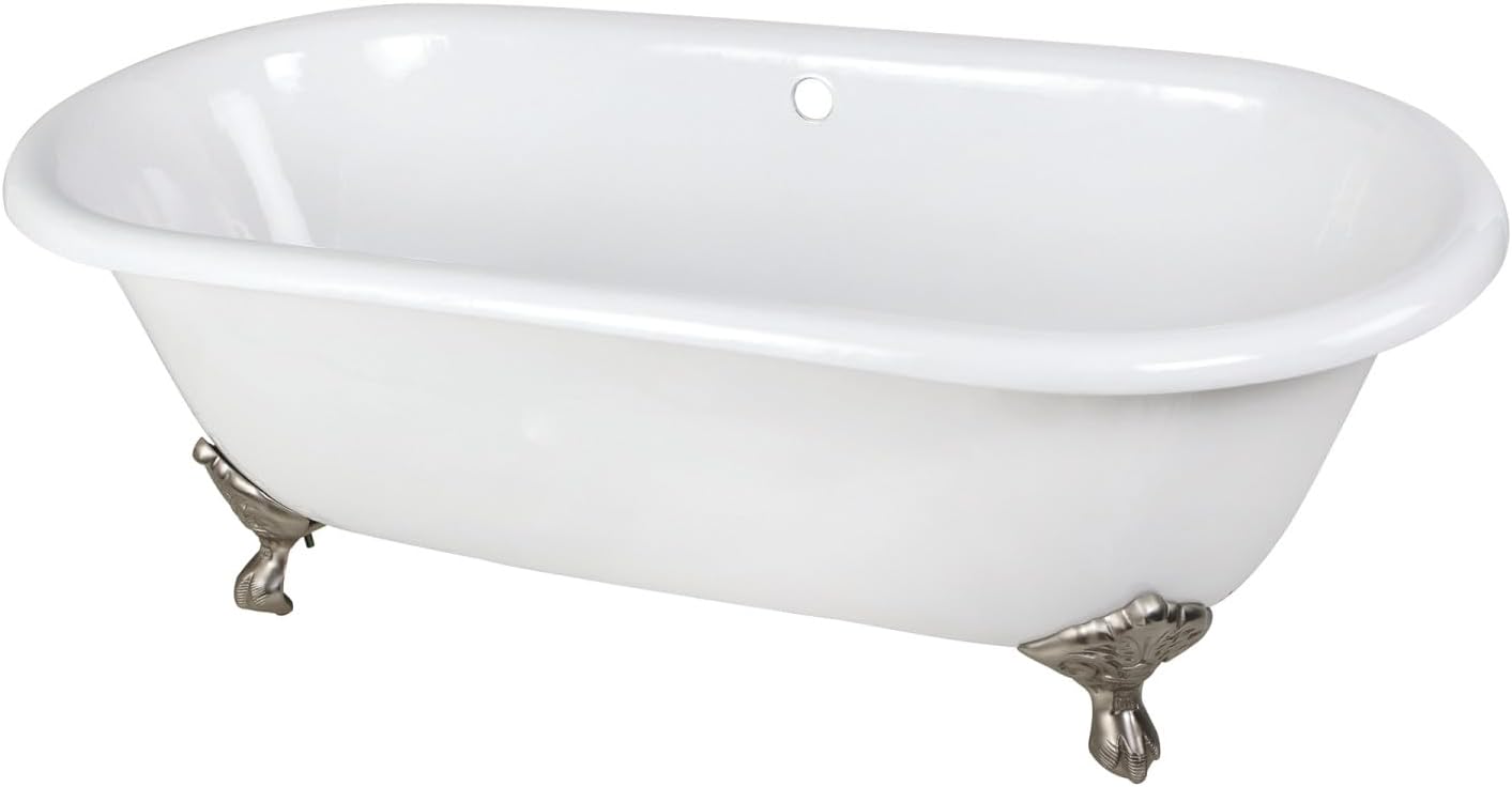 Kingston Brass Aqua Eden VCTND663013NB1 Cast Iron Double Ended Clawfoot Bathtub with Chrome Feet without Faucet-Drillings, 66-Inch, White