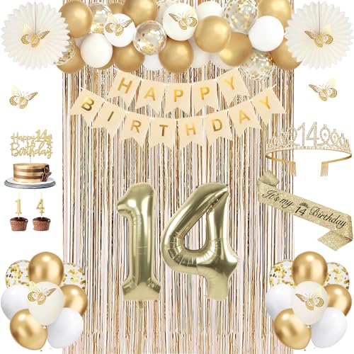 50Pcs 14th Birthday Decorations for Girls Champagne Gold Happy 14 Year Old Gifts for Girls 14 Sash and Crown Banner Fringe Curtains Hanging Paper Fans 14th Birthday Party Decorations