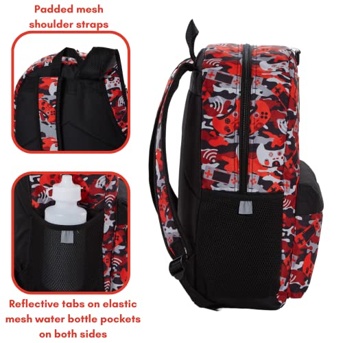 Ralme Red Camo Gaming Backpack Set For Boys, 16 Inch, 6 Pieces - Includes Foldable Lunch Bag, Water Bottle, Key Chain, & Pencil Case #TOP7