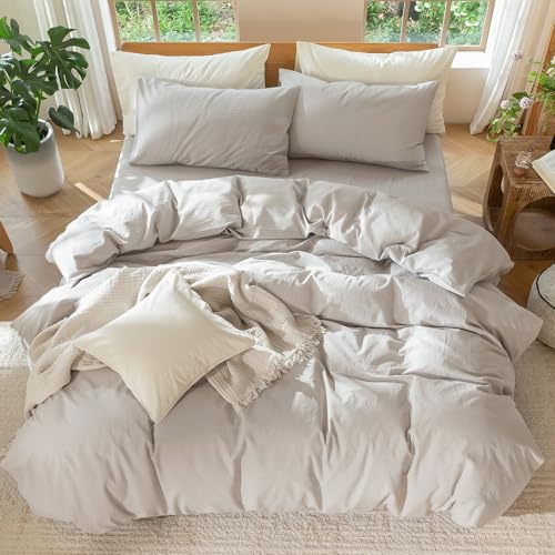 Image of MooMee Duvet Cover Set 100% Washed Cotton Linen Like Twin | Relaxed Linen-like Texture. Soft, Breathable & Long-lasting Comfort. Lightweight. Hidden Zipper with 8 Interior Corner Ties