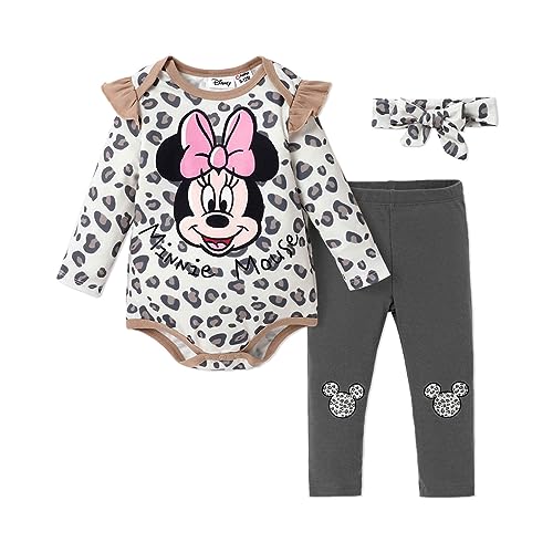 Image of Disney Mickey Baby Girl 3pcs Character Print Leopard Long-sleeve Onesies & Pants & Headband Set