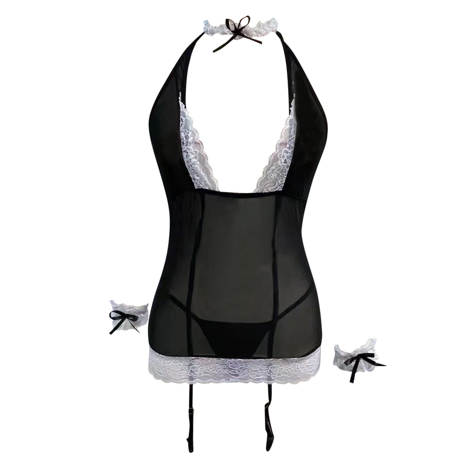 Women' Lingerie V-Neck Lace Dress with Garter Set Transparent Underwear Costumes
