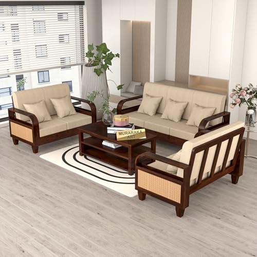 Image of Sheesham Wooden 7 Seater Sofa for Living Room | Solid Wood Sofa with Rattan Cane Side Rack | Rosewood Sofa Set for Home & Office | Lounge (Walnut, 3+2+2 Seater)