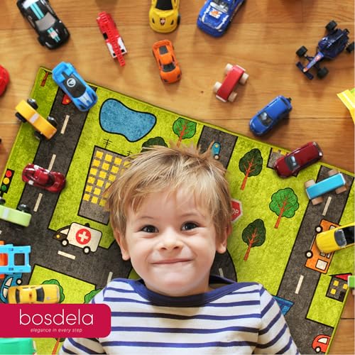 Bosdela Kinderteppich - und Babyteppiche – Vielfältige Designvariationen, waschbar, rutschfest, weich, ideal für Kinderzimmer & Spielzimmer 100x160 cm Grüne Stadt