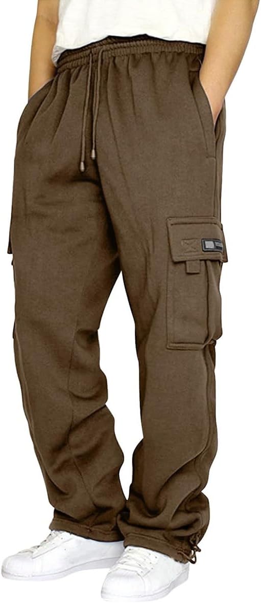 Men's Heavyweight Fleece Baggy Cargo Sweatpants,Drawstring Pants with Pockets,Straight Leg Casual Joggers for Hiking Athletic
