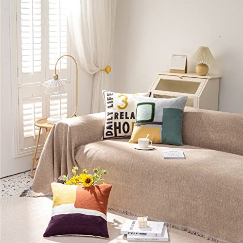 Mxaeyr Couch Covers For Sectional Sofa L Shape, Sofa Covers For 3 Cushion Couch, Beige Coffee Chenille Couch Cover Blanket Thick And Durable, Sectional Sofa Cover With Boho Fringe (Xl 71"X134") #TOP1