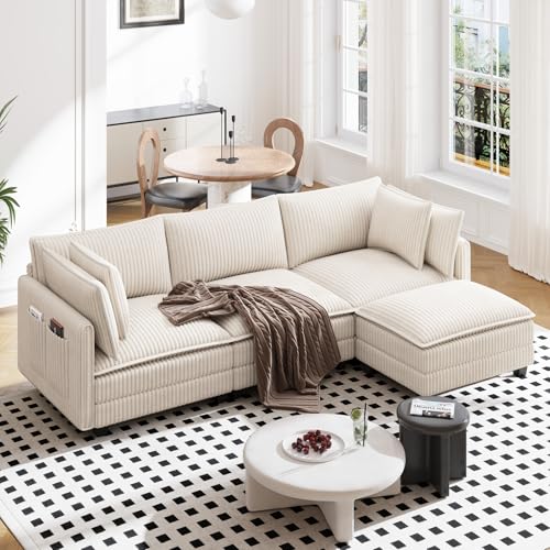 Image of Vesgantti 109 inch L Shaped Cloud Sectional Couch, Comfy Corduroy Upholstered Modular Couches for Living Room, Modern 3 Seater Sectional Sofa with Ottoman Deep Seat, Beige