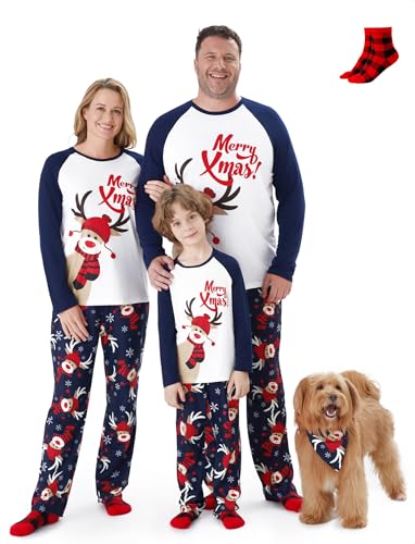 PATPAT Family Christmas Pajamas Matching Sets Navy Blue Reindeer PJs Merry Xmas Print Holiday Sleepwear with Socks, Matching Christmas Pajamas for Family Adults and Pet