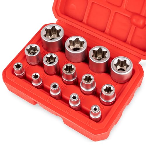 Siapupy 14-Piece E-Torx Socket Set, Premium External Torx Star Sockets - 1/4" 3/8" 1/2" Drive E4-E24, Ultimate Torque Socket Kit, Storage Case Included for Automotive Repair & Maintenance