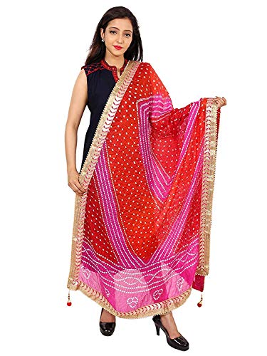 Image of Women's Jaipuri Art Silk Bandhej Rajasthani Bandhani Dupatta with Gota Patti Lace