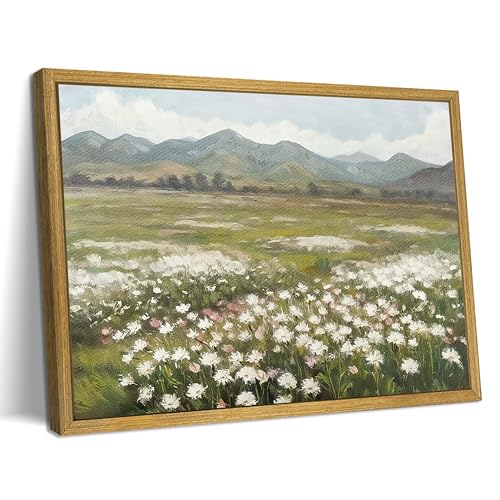 Framed Canvas Wall Art, Vintage Landscape Bathroom Wall Decor, Countryside Flower Field Classic Print Poster, Farmhouse Kitchen Oil Painting, large Artwork Living Room Home Decor 8x10 Inch