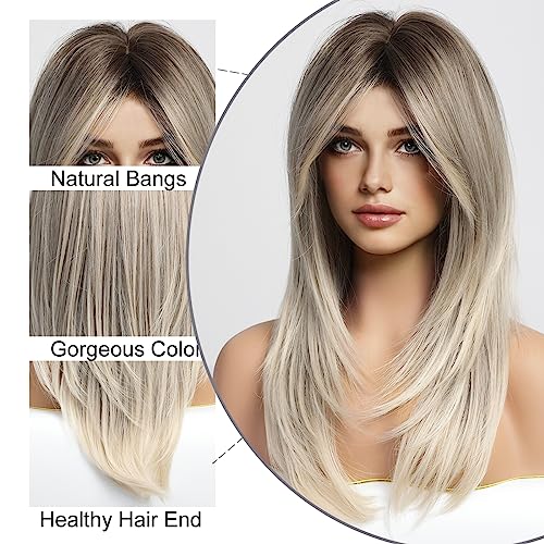Haircube Ombre Grey Blonde Wigs With Bangs,Long Layered Wig For Women,Natural Looking Shoulder Length Wigs Synthetic Wigs For Daily Party 24In #TOP2